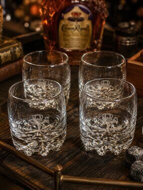 Vintage Crown Royal Whiskey Glasses Set of 4 Made in Italy Heavy Bottom Rocks Tu